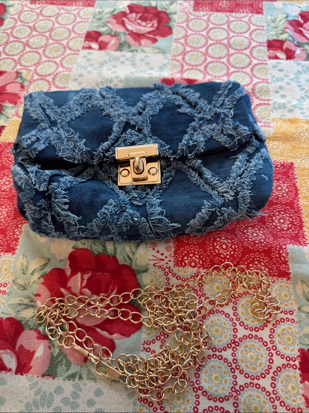 Denim Quilted Fringe Clutch with Gold Chain